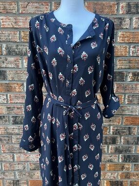 LOFT Navy Floral Long Sleeve Midi Dress with Tie Waist Large NWT